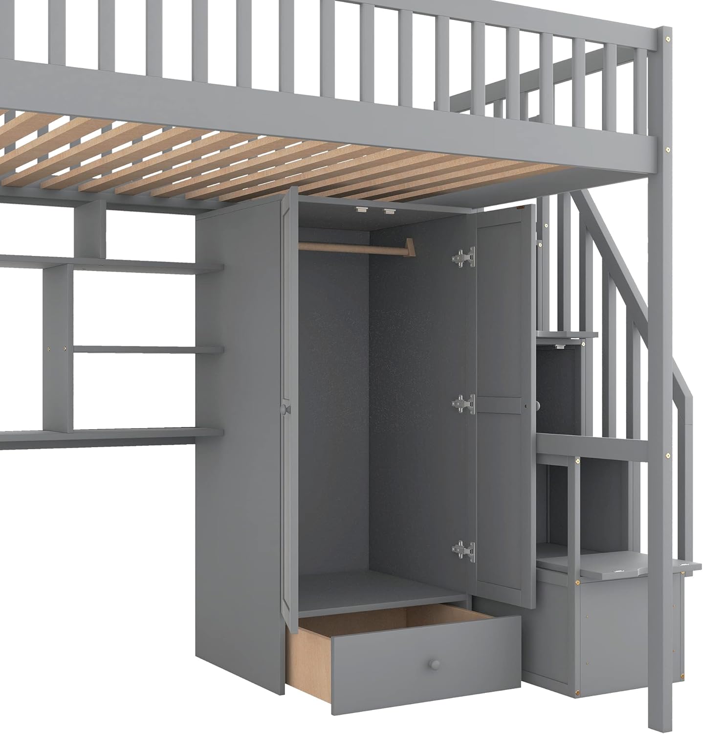Gray Solid Wood Loft Bed with Stairs Desk Bookshelf Storage Drawers Wardrobe O72796