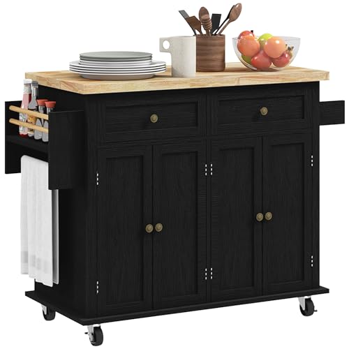 Navy Blue Kitchen Island on Wheels with Rubberwood Top Y70337