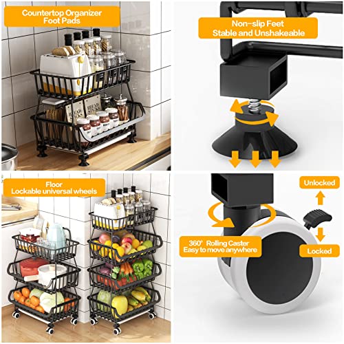 Black Metal Wire 4 Tier Stackable Fruit Vegetable Storage Cart with Wheels N364