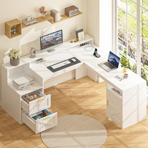 63" L Shaped Executive Desk with Drawers & Storage Shelf, Antique White M148071