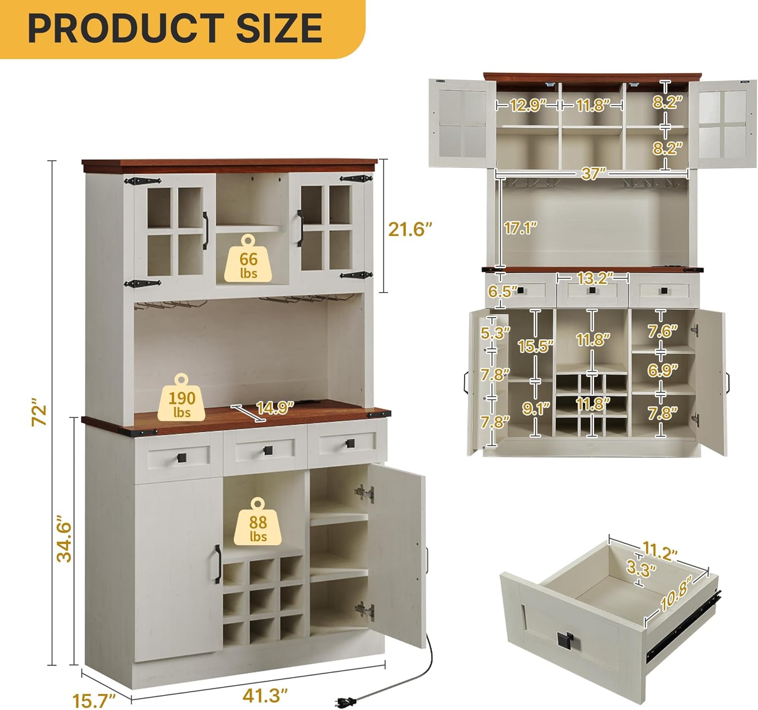 Antique White 72 Inch Kitchen Pantry Cabinet with 3 Drawers F640