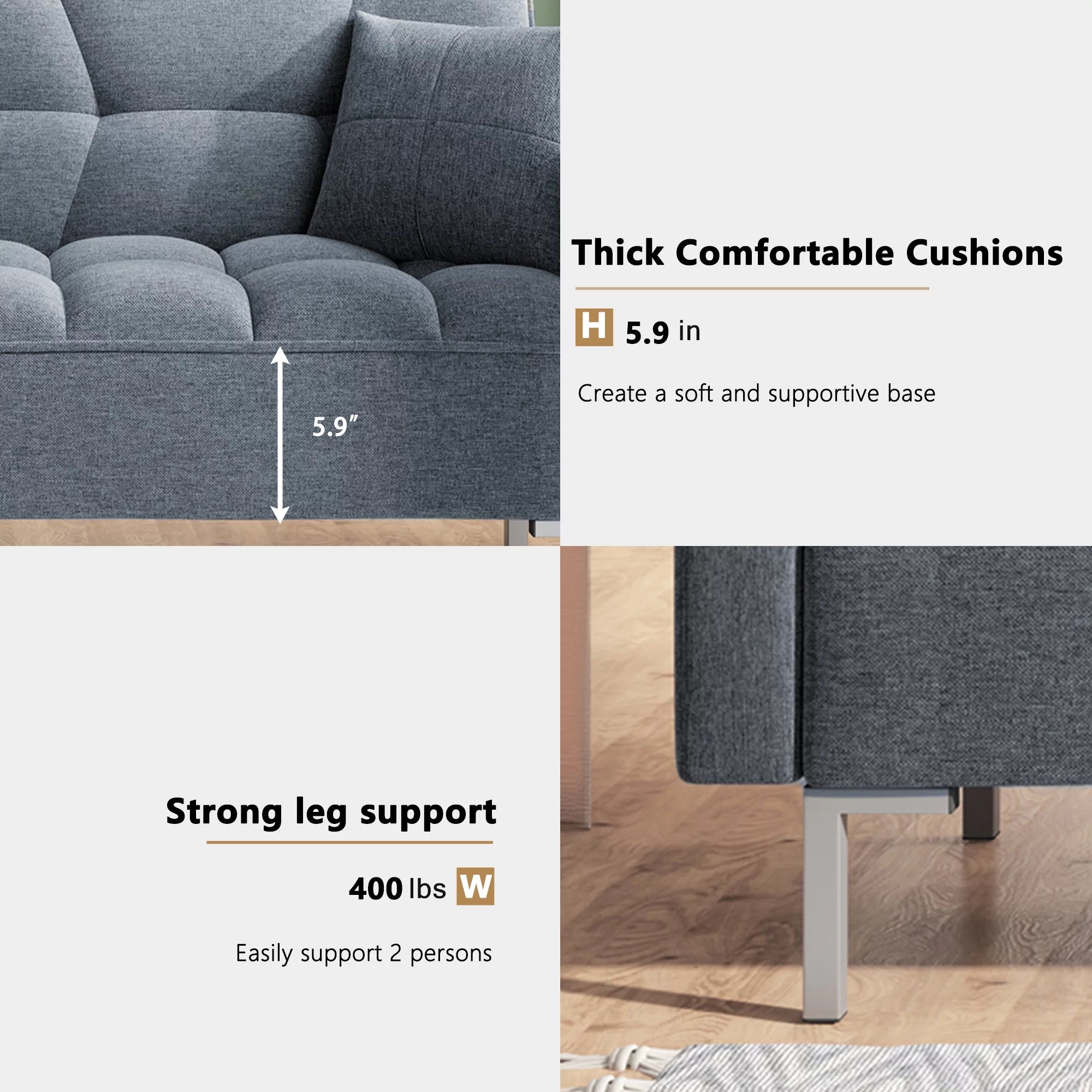 75" W Sectional Sofa Convertible Folding Futon Sofa Bed 3 Seat Couch with Linen Fabric T27027