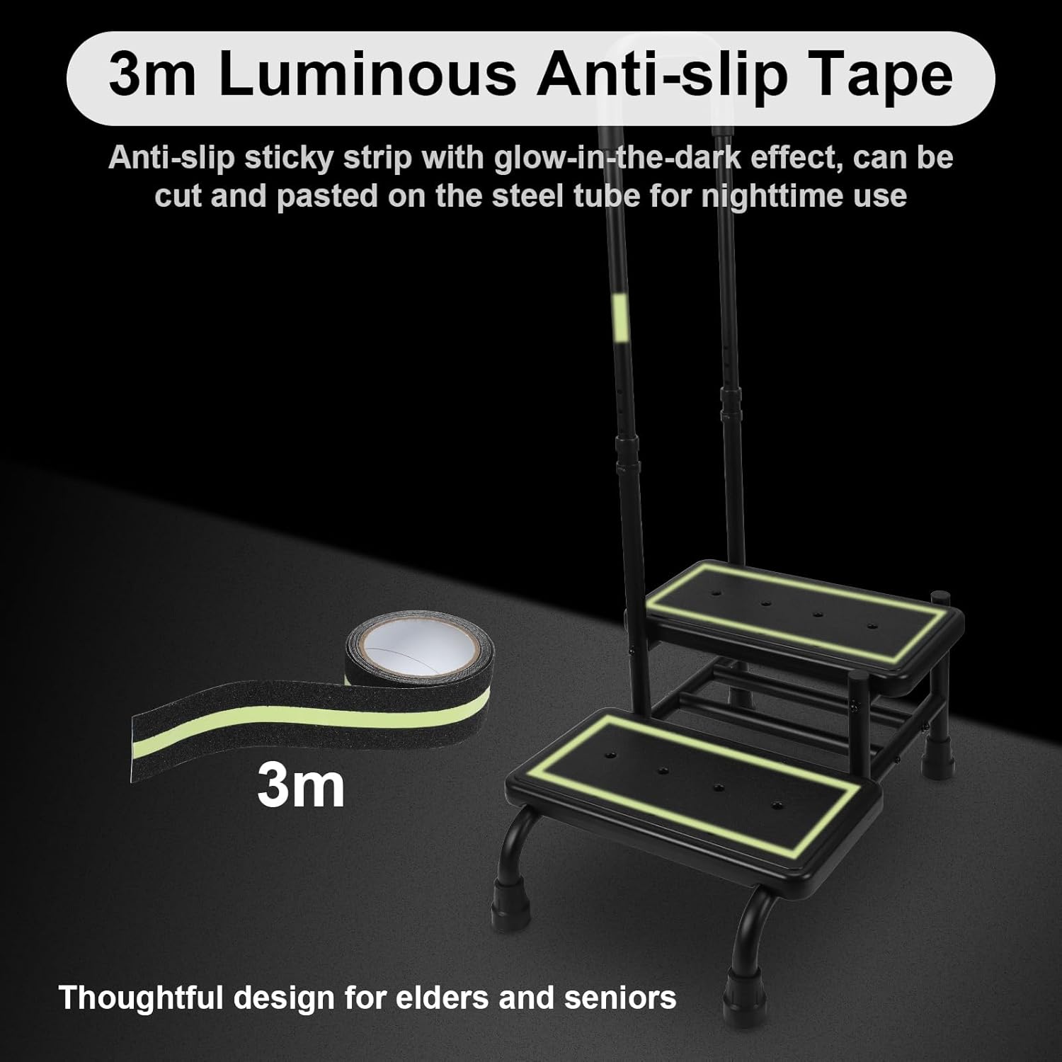2 Step Stool with Handle, Heavy Duty Step Stool with 4 Fixing Buckle and Adjustable Handrail J413