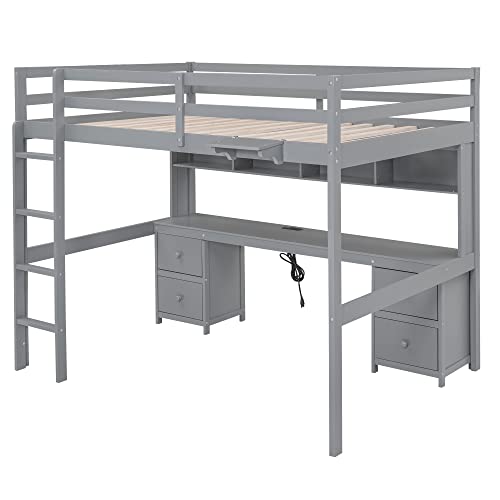 Gray Full Size Wooden Loft Bed with Desk and Storage, 4 Drawers & 4 Shelves R647919