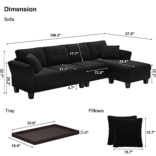 Black Velvet L Shaped Sectional Sofa with Chaise Y9881