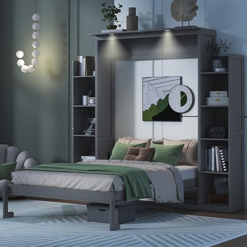 Queen Size Wood Murphy Bed with Shelves and LED Lights, Grey L70062