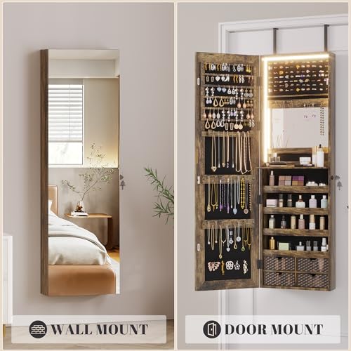 47.2" LED Grey Jewelry Mirror Cabinet with 4 Drawers 5 Shelves Z468596