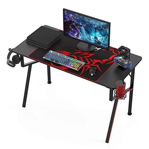 Black 47 Inch Gaming Desk with Mouse Pad Headset Hook Cup Holder Controller Stand P3167