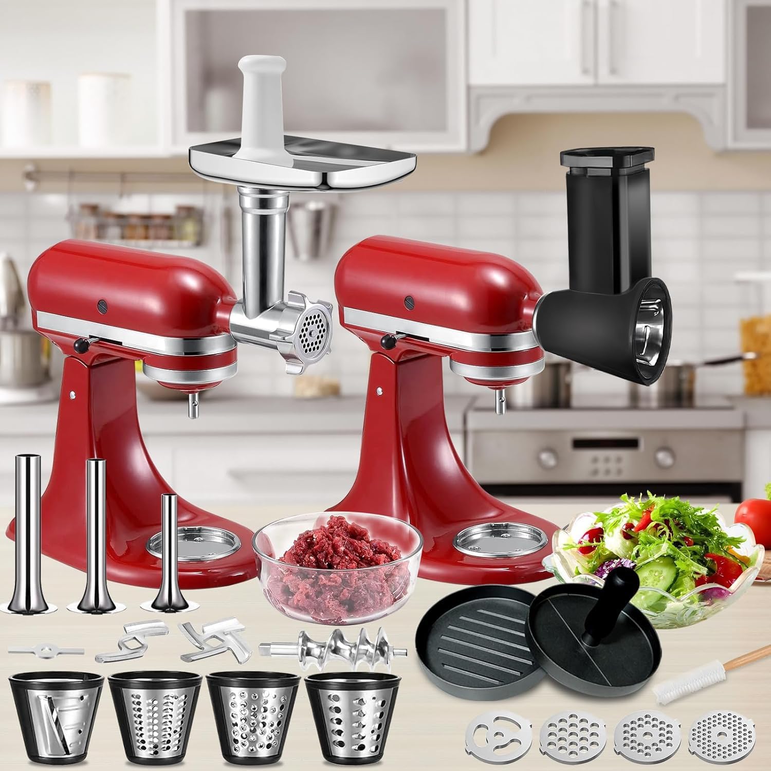 Meat Grinder Attachment for Kitchenaid Stand Mixer with 4 Grinding Plates, Cheese Grater Attachment with 3 Metal Sausage Stuffer Tubes, Salad Maker, Burger Press & 3 Blades E734847