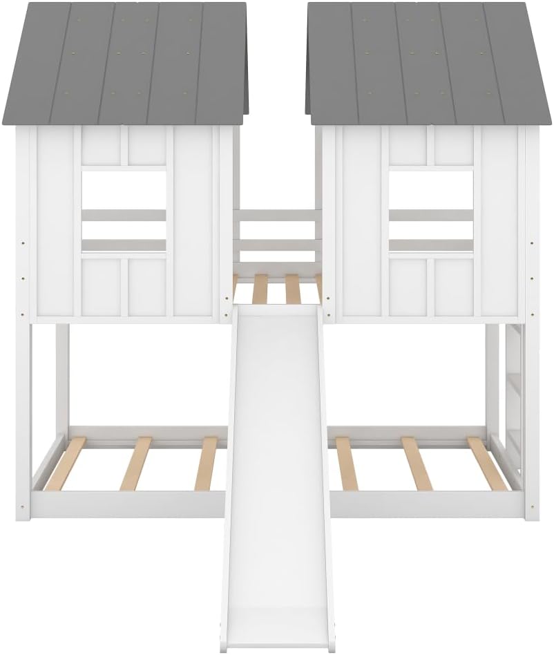 White Twin Over Twin Bunk Bed with Slide and Windows P644843
