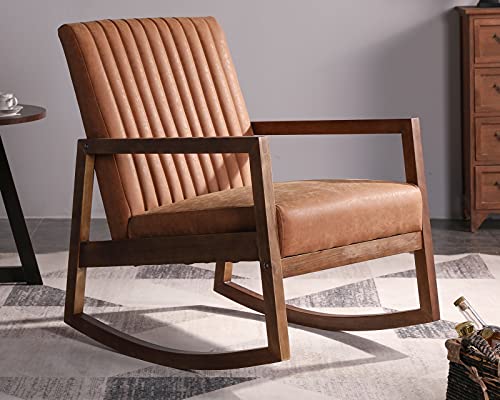 Leather Rocking Chair with Padded Seat Wood Frame Dark Brown PU T615