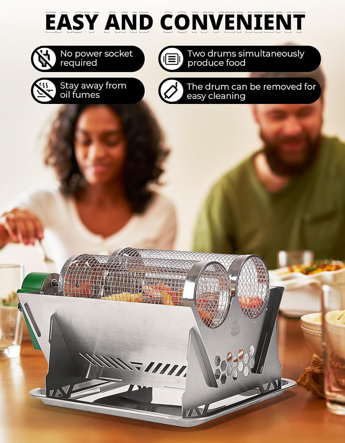 Charcoal Grill Rotisserie Kit with 3 Stainless Steel Rotating Baskets S5378