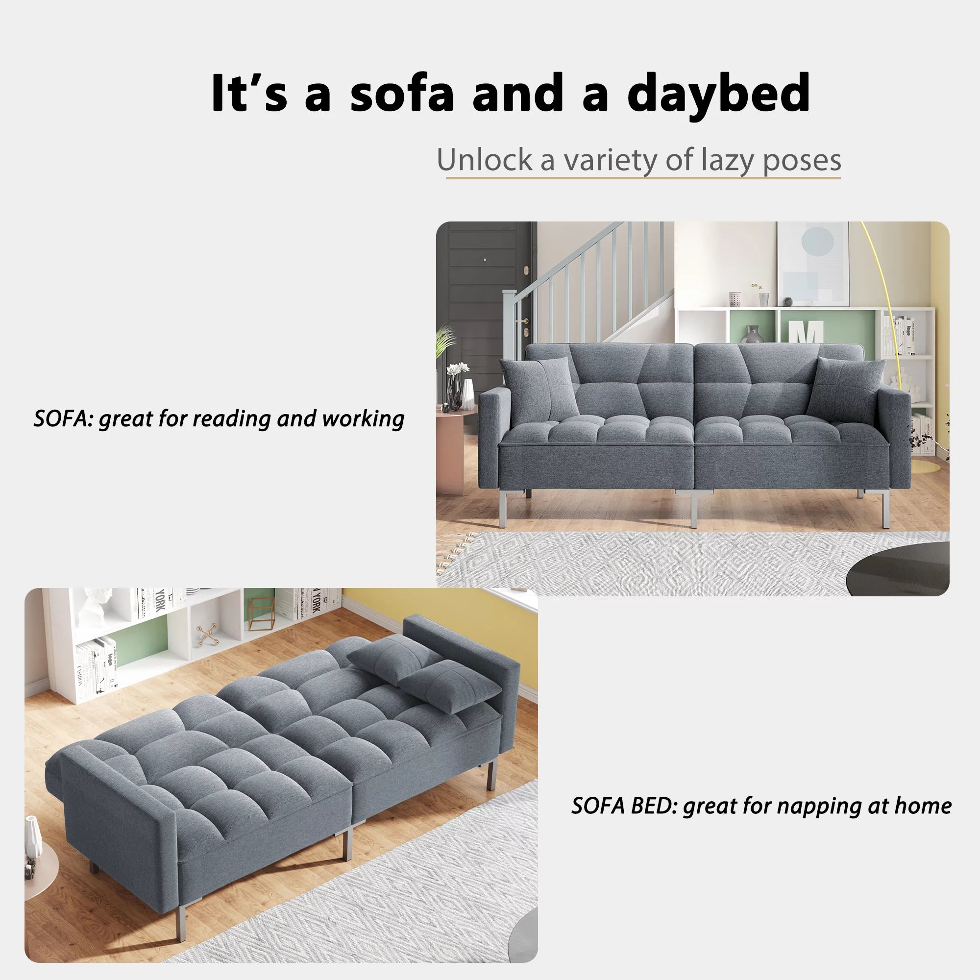 75" W Sectional Sofa Convertible Folding Futon Sofa Bed 3 Seat Couch with Linen Fabric T27027