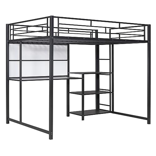 Black Full Size Metal Loft Bed Frame with Desk and Whiteboard W649536