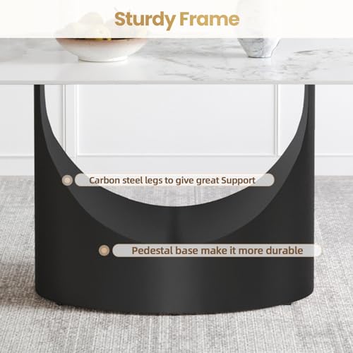 63" White Marble Sintered Stone Top Rectangle Dining Table with Black Carbon Steel Pedestal C776