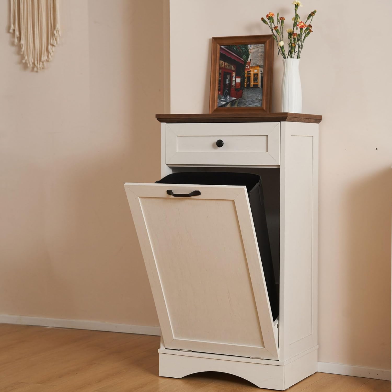 Antique White 13 Gallon Tilt Out Trash Cabinet with Drawer Wood F6301