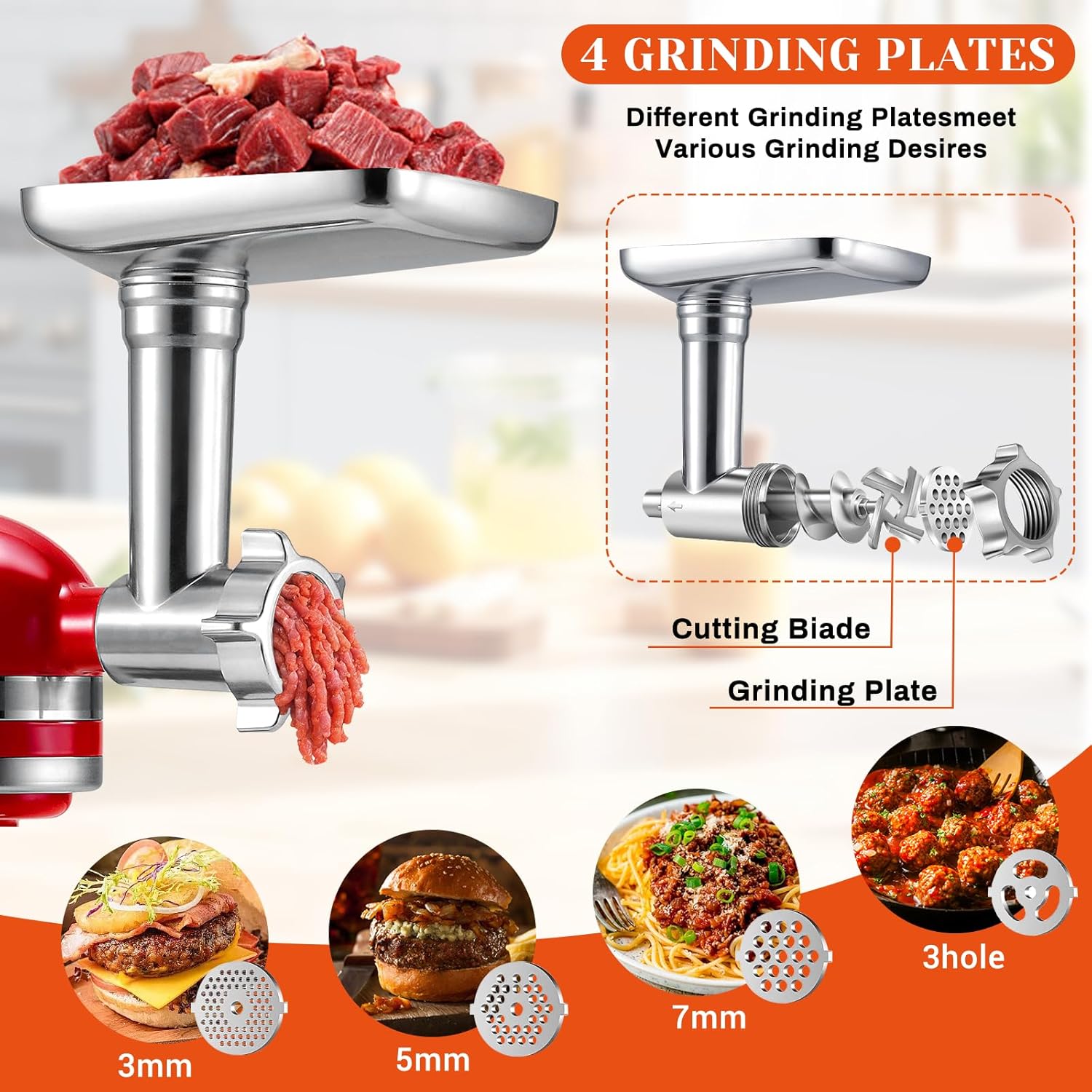 Meat Grinder Attachment for Kitchenaid Stand Mixer with 4 Grinding Plates, Cheese Grater Attachment with 3 Metal Sausage Stuffer Tubes, Salad Maker, Burger Press & 3 Blades E734847