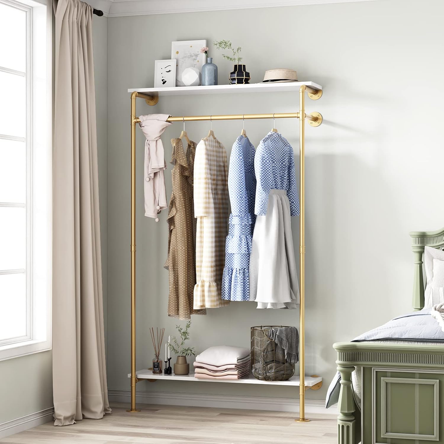 Industrial Pipe Clothing Rack with 2-tier Wooden Shelves Gold W548