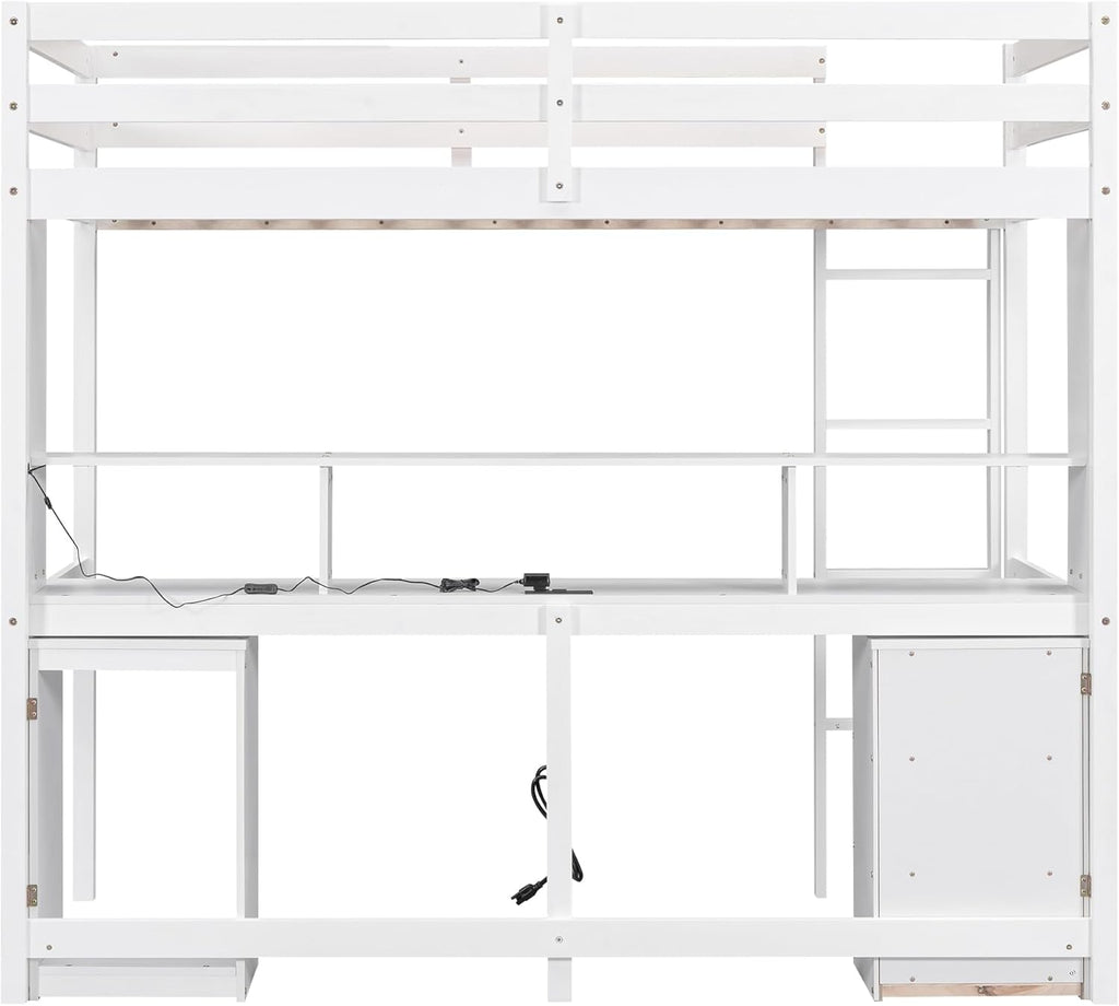White Full Size Loft Bed with Multi-Storage Desk, LED Light, Bedside Tray, Charging Station, and 3 Drawers X664540