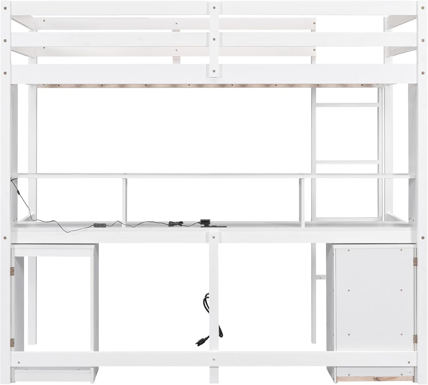 White Full Size Loft Bed with Multi-Storage Desk, LED Light, Bedside Tray, Charging Station, and 3 Drawers X664540