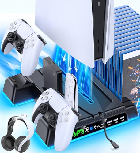 PS5 Stand with Dual Controller Charging Station and 3-Level Fan R617190