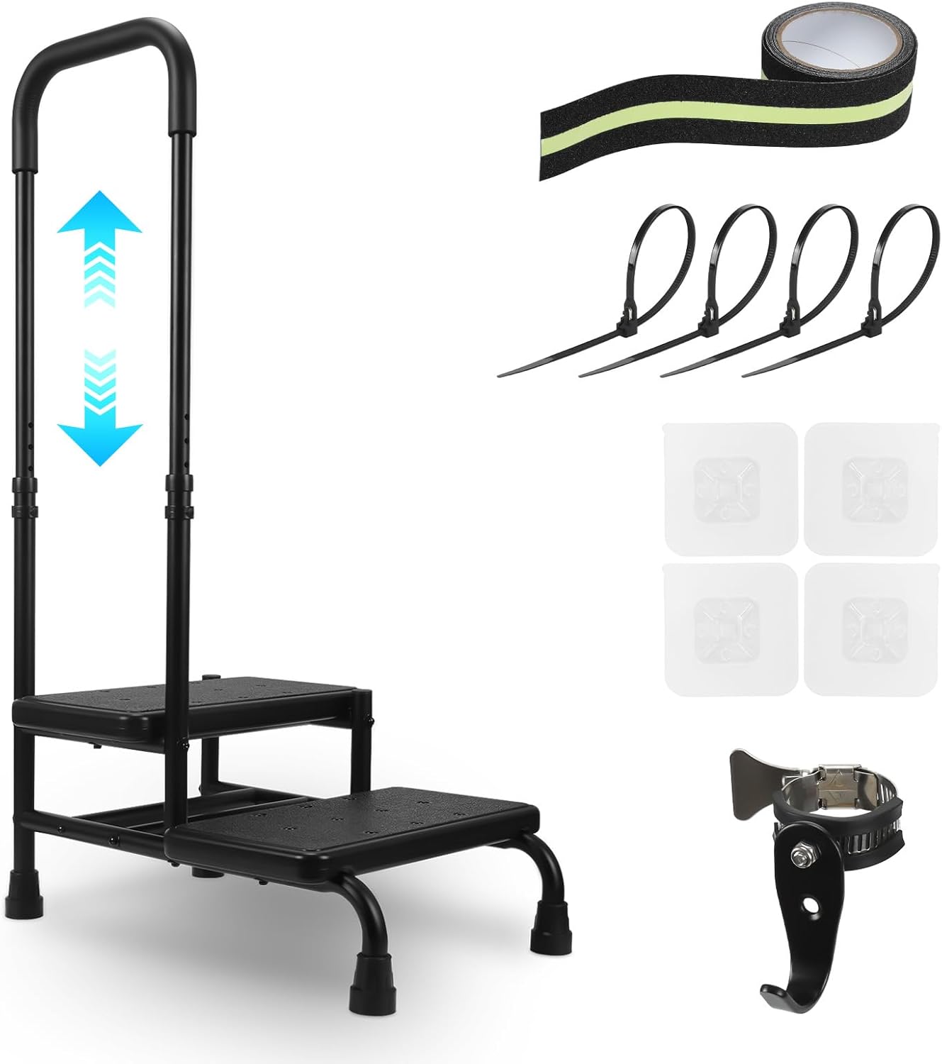2 Step Stool with Handle, Heavy Duty Step Stool with 4 Fixing Buckle and Adjustable Handrail J413