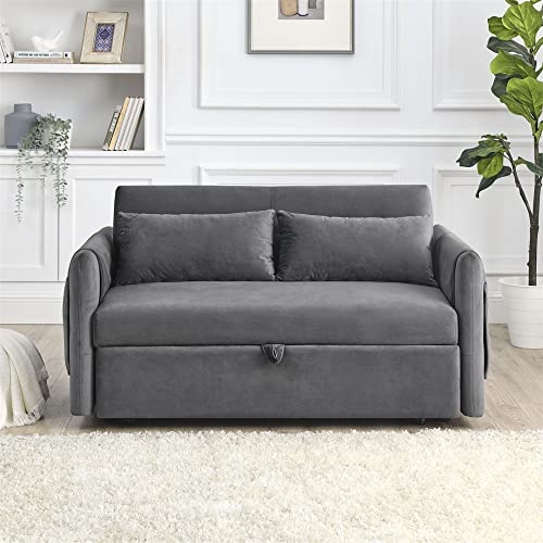 Blue Velvet Convertible Sleeper Sofa Bed with 2 Pillows W57899
