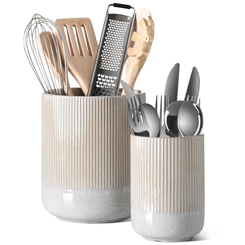 Set of 2 Ceramic Kitchen Utensil Holder, Glaze Marble Gray Y155
