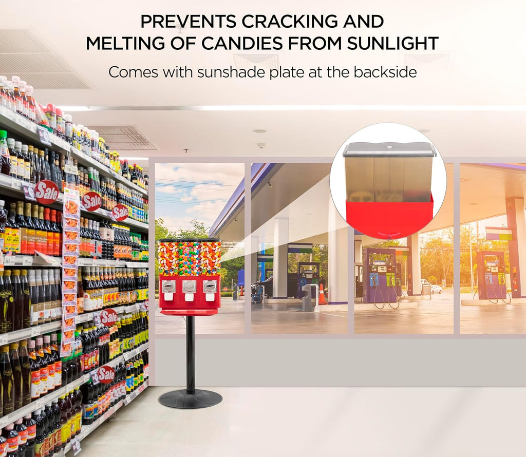 Triple Candy Vending Machine with 3 Removable Canisters and Quarter Coin Operated Anti-Theft Lock O318777