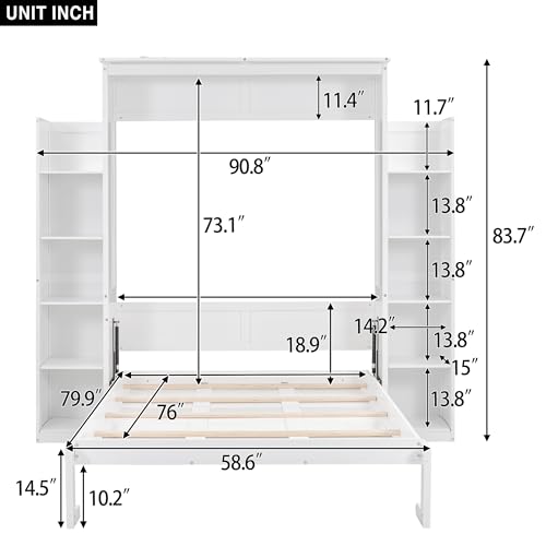 Queen Size Wood Murphy Bed with Shelves and LED Lights, Grey L70062