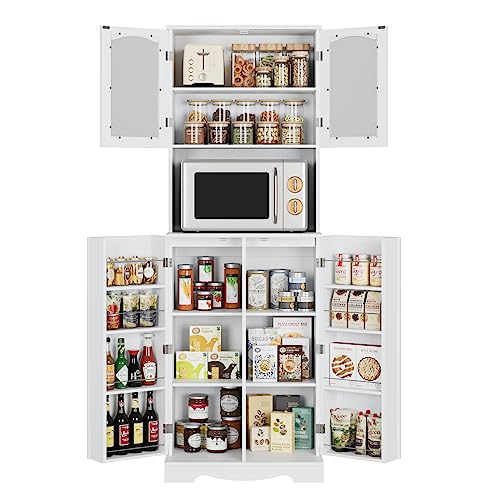 White Tall Storage Cabinet with Microwave Stand and Adjustable Shelves Q553