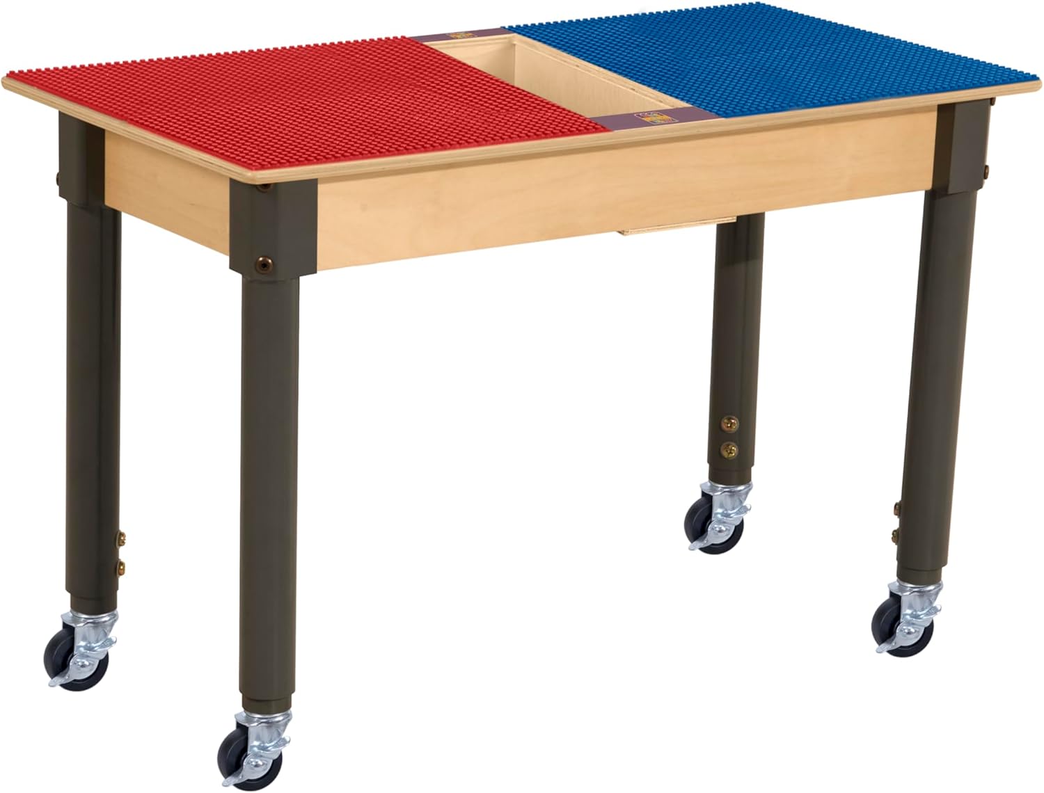 Montessori Play Table, Rectangular Birch Plywood Red & Blue Building Blocks Table with Trough and Wheels N993