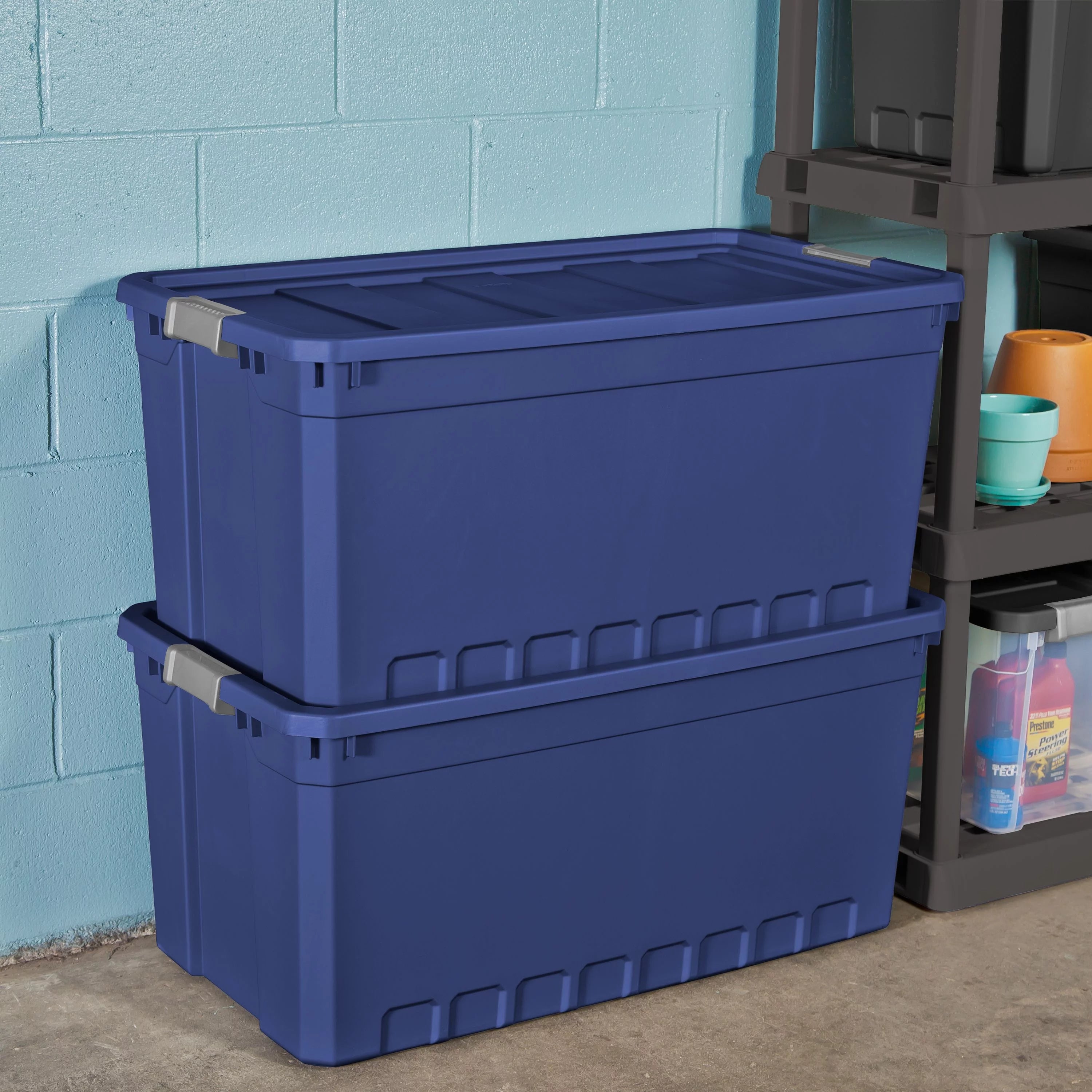 50 Gallon Plastic Stacker Tote, Blue E899271