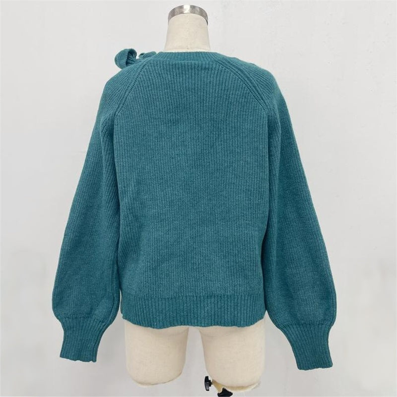 Women's Bow Shoulder Cut Out Sweater, Long Sleeve Cozy Knit Pullover