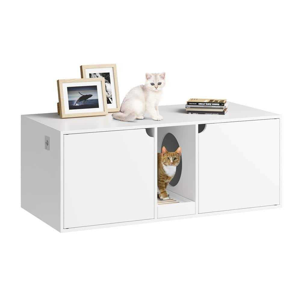 White Wood Side End Table Cat Litter Box with Double Room E14812