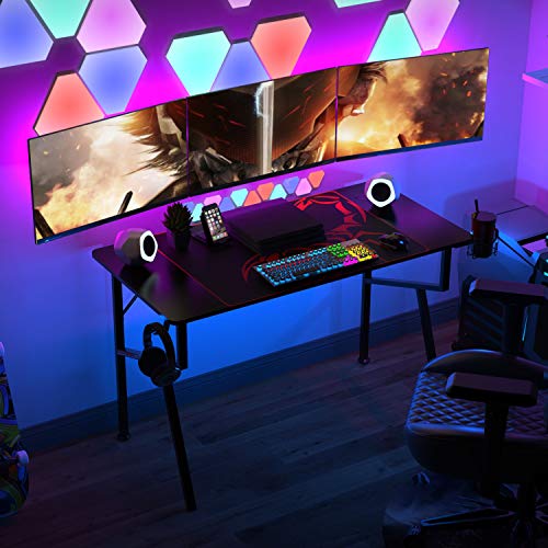 Black 47 Inch Gaming Desk with Mouse Pad Headset Hook Cup Holder Controller Stand P3167