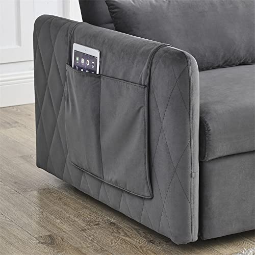 Blue Velvet Convertible Sleeper Sofa Bed with 2 Pillows W57899