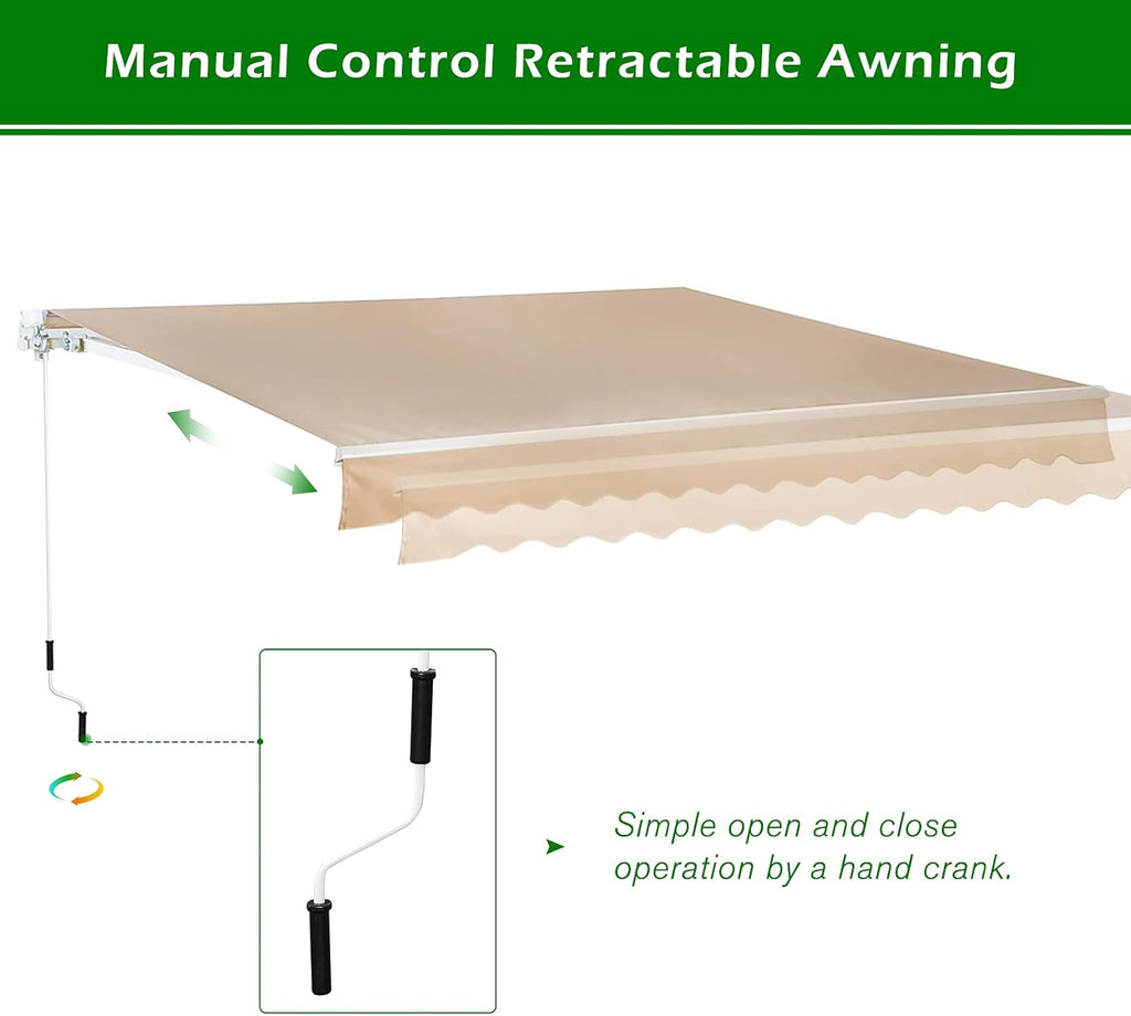 Beige Retractable Patio Awning with Manual Crank Handle O71820