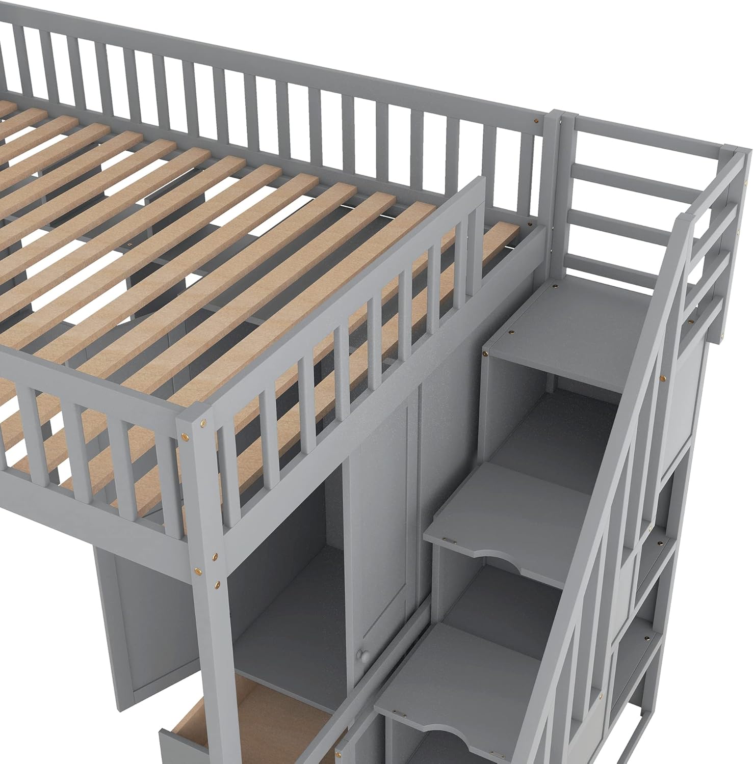 Gray Solid Wood Loft Bed with Stairs Desk Bookshelf Storage Drawers Wardrobe O72796