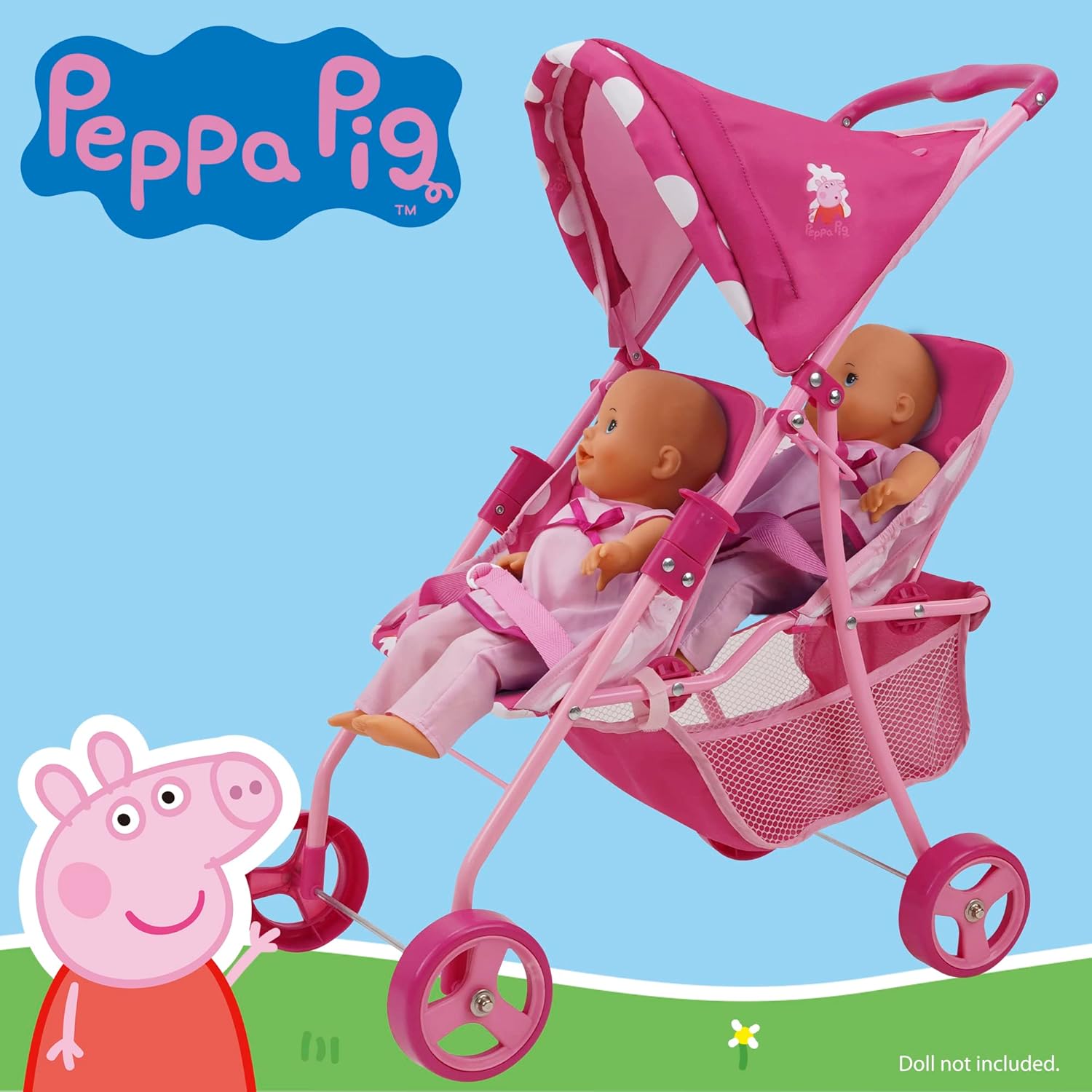 Pink & White Dots Doll Twin Stroller T8668