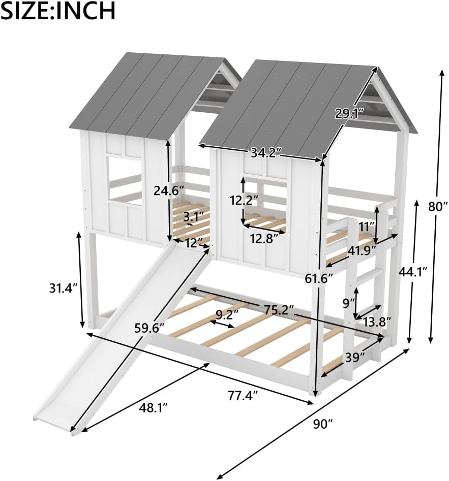 White Twin Over Twin Bunk Bed with Slide and Windows P644843