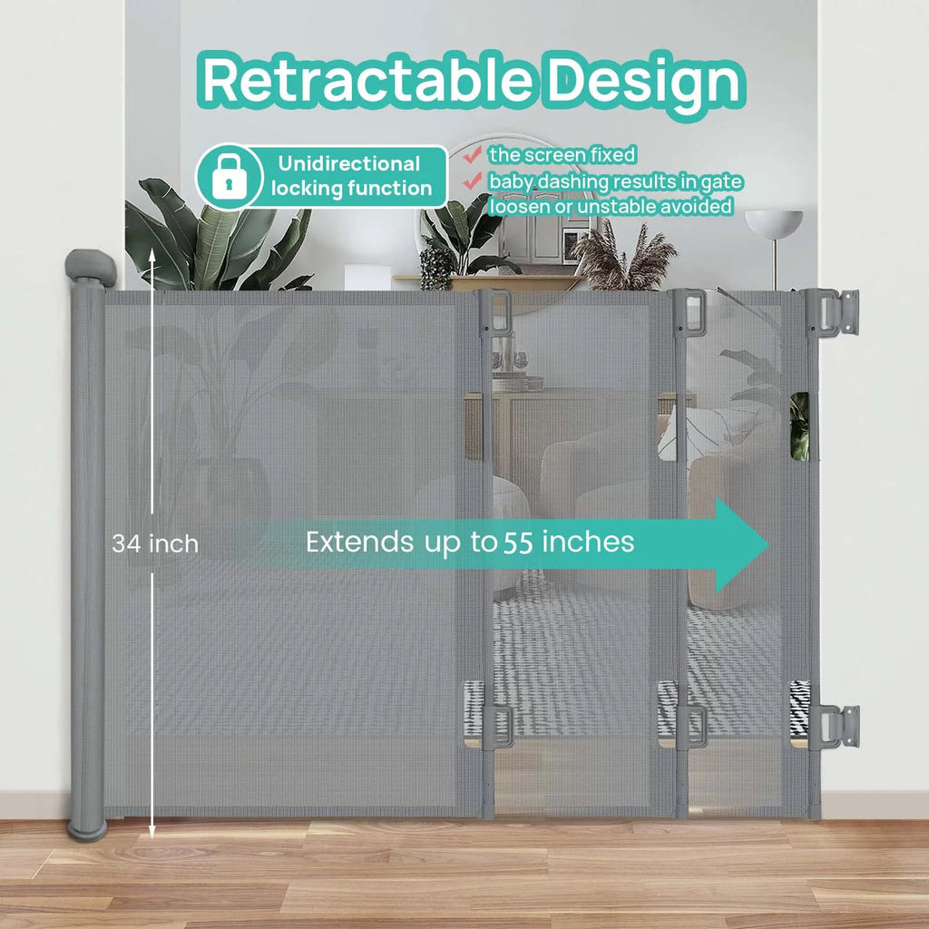 Grey Retractable Baby Gate, 33" Tall, 55" Wide I34874