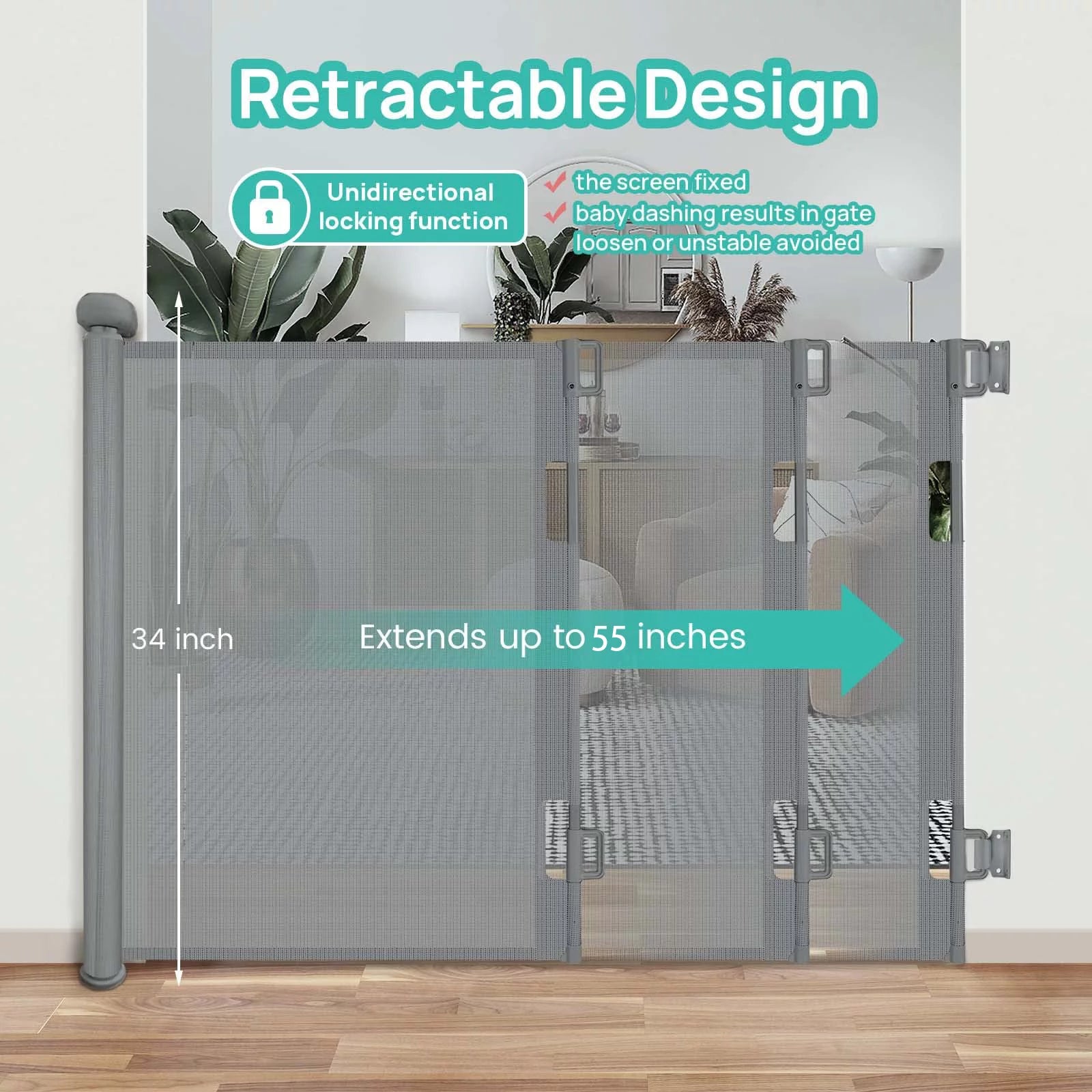 Grey Retractable Baby Gate, 33" Tall, 55" Wide I34874