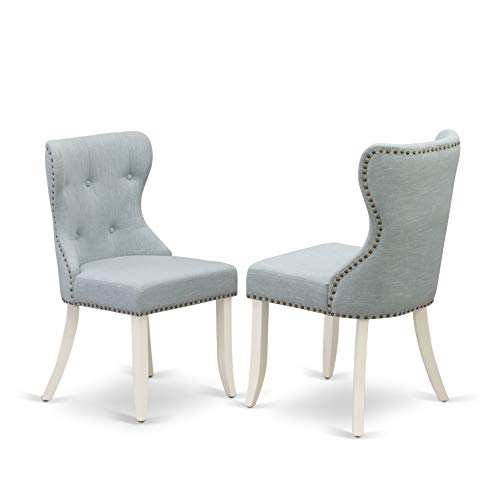 9 Piece Rectangle Dining Table Set with 8 Baby Blue Linen Fabric Chairs O510150
