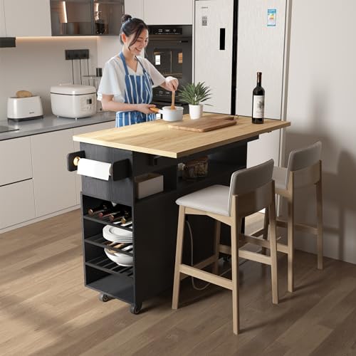 White Rolling Mobile Kitchen Island Cart with Drop Leaf Countertop and 5 Wheels N901