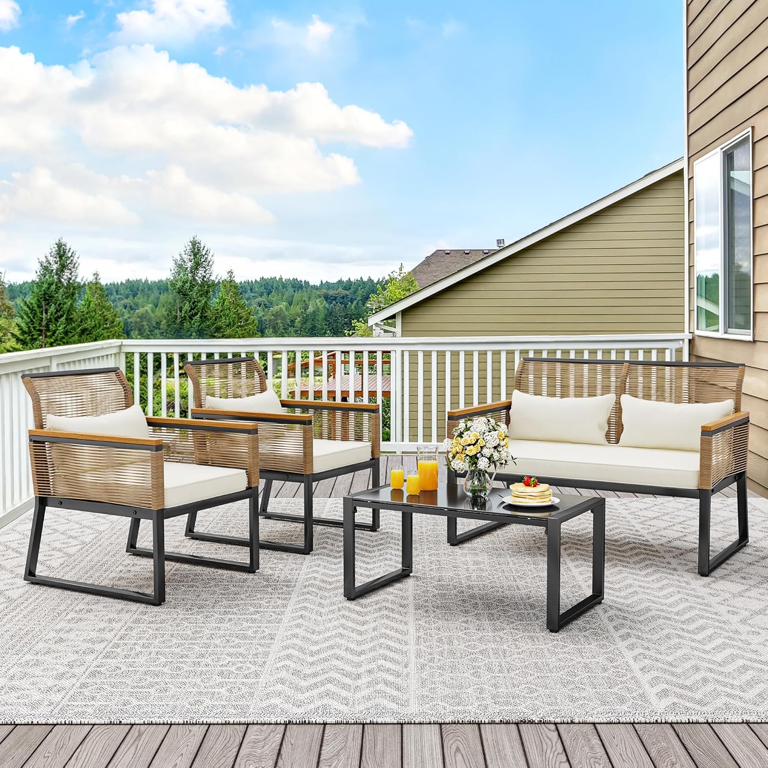 4-Piece All Weather Rattan Conversation Loveseat with Gray Cushions and Metal Coffee Table Y69445