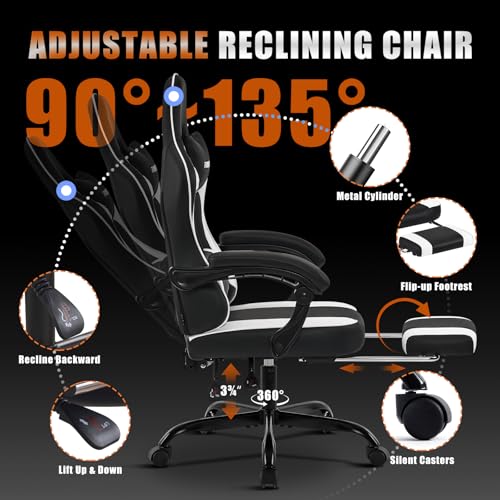Black/White Ergonomic Leather Gaming Chair with Footrest O485