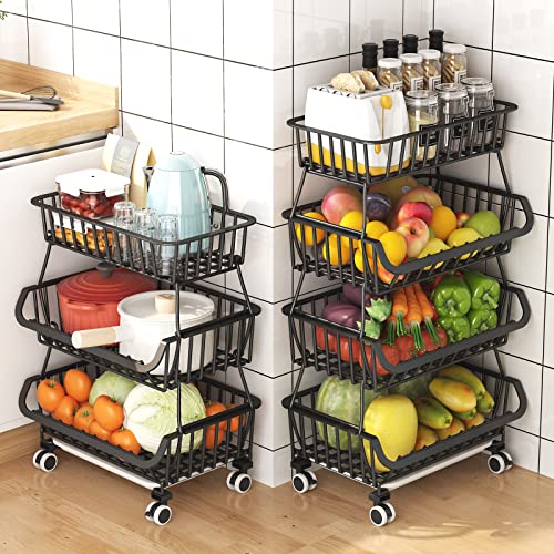 Black Metal Wire 4 Tier Stackable Fruit Vegetable Storage Cart with Wheels N364