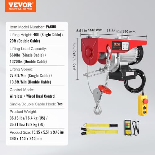 2200 lbs 1600W 110V Electric Steel Wire Winch with Wireless Remote Control 40ft Single Cable Lifting Height O205536