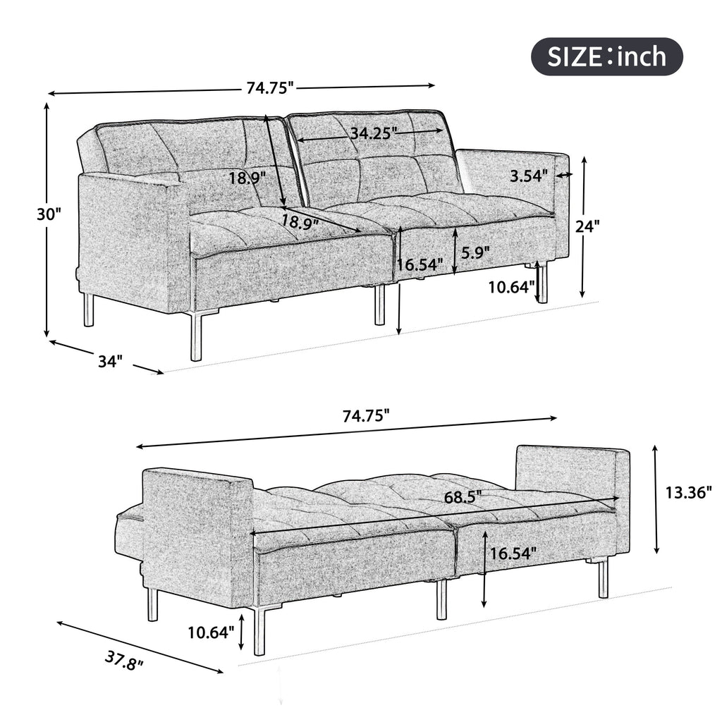 75" W Sectional Sofa Convertible Folding Futon Sofa Bed 3 Seat Couch with Linen Fabric T27027
